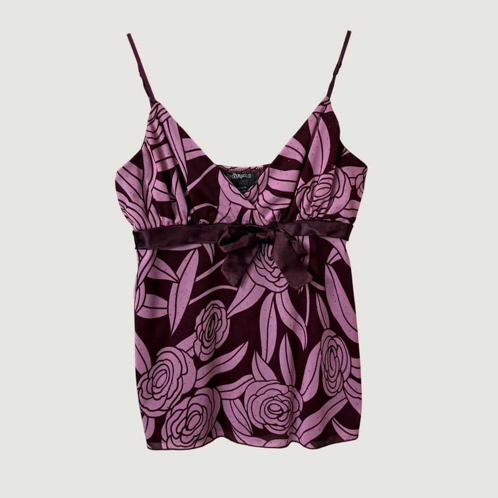 Y2K Hot Tempered Floral Mesh Camisole Top Pink Burgundy Empire Waist Coquette L